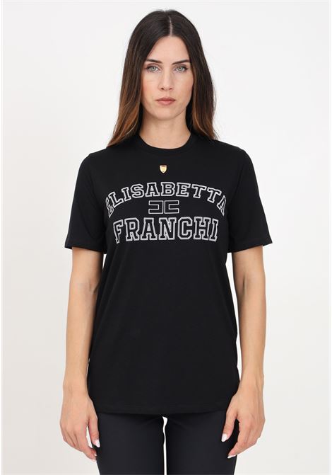 Women's black short sleeve t-shirt with college style logo print ELISABETTA FRANCHI | MA01546E2110